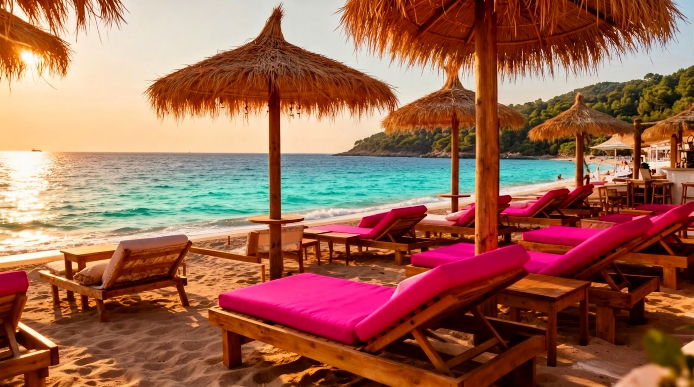 Mojo Bar sun loungers and thatched parasols at golden hour on Achladies Beach, Skiathos